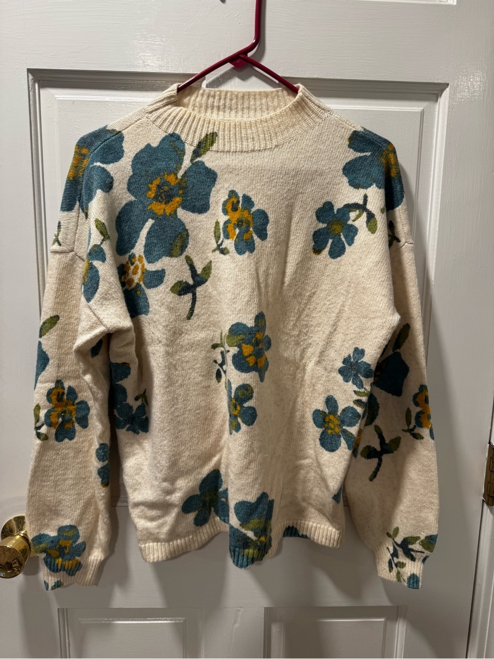 LOFT Cream Crewneck Sweater with Blue and Mustard Floral Print. Small